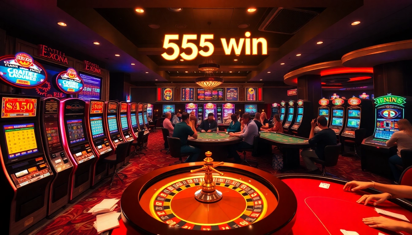 Experience the thrill of 555 win at a vibrant casino featuring lively tables and colorful slot machines.