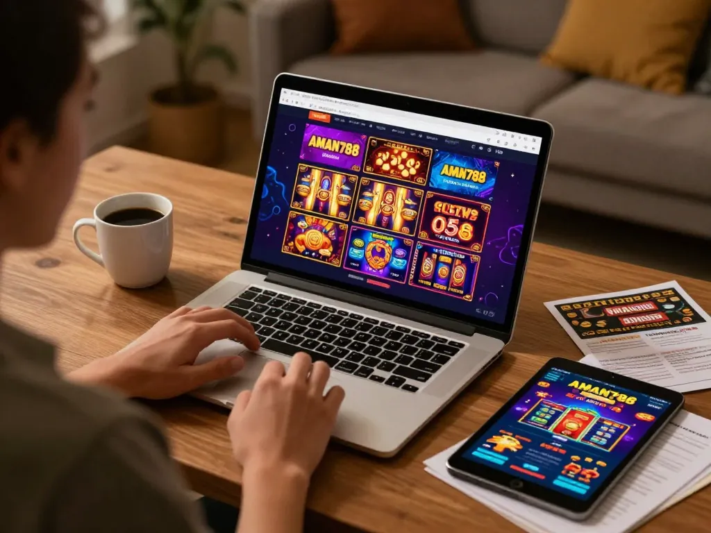 Engaging online gaming session showing AMAN788 slot online interface on a laptop, vibrant graphics, and strategies.