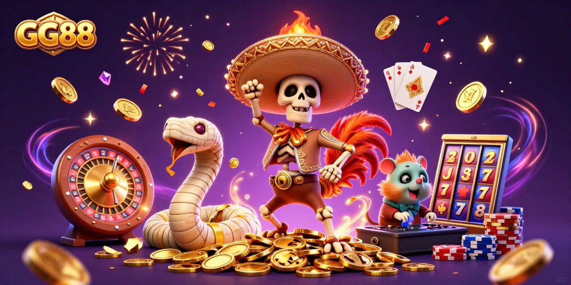 Experience GG88's vibrant casino scene with 3D characters celebrating with coins and gems.