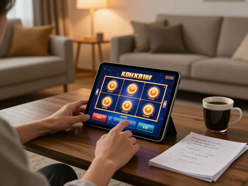 Engaging in responsible gaming at trang chủ 68win with online slots in a cozy living room.