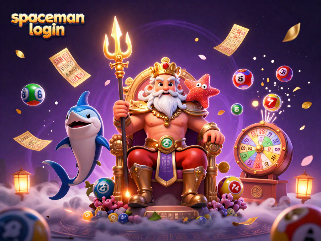 Experience the spaceman login excitement with vibrant lottery elements and scenic characters.