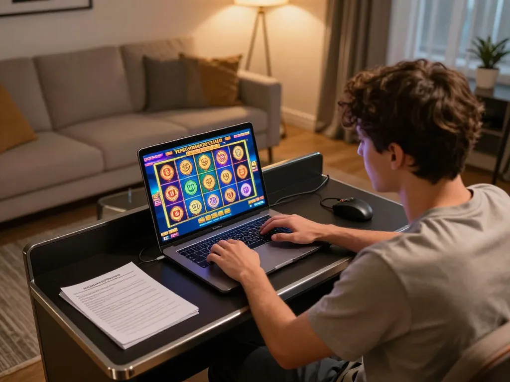 Bermain permainan aman788 slot online di laptop yang ramping di rumah, menyoroti grafik berwarna-warni dan catatan strategis.