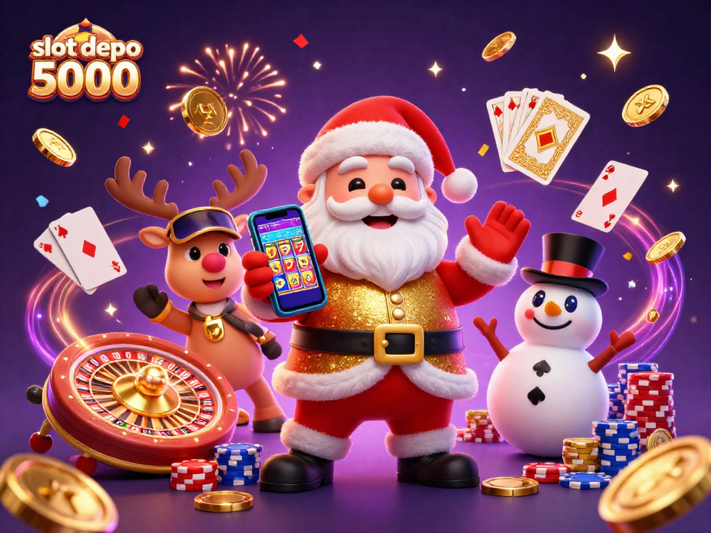 Spin the reels at slot depo 5000 alongside fun characters in a festive casino atmosphere.