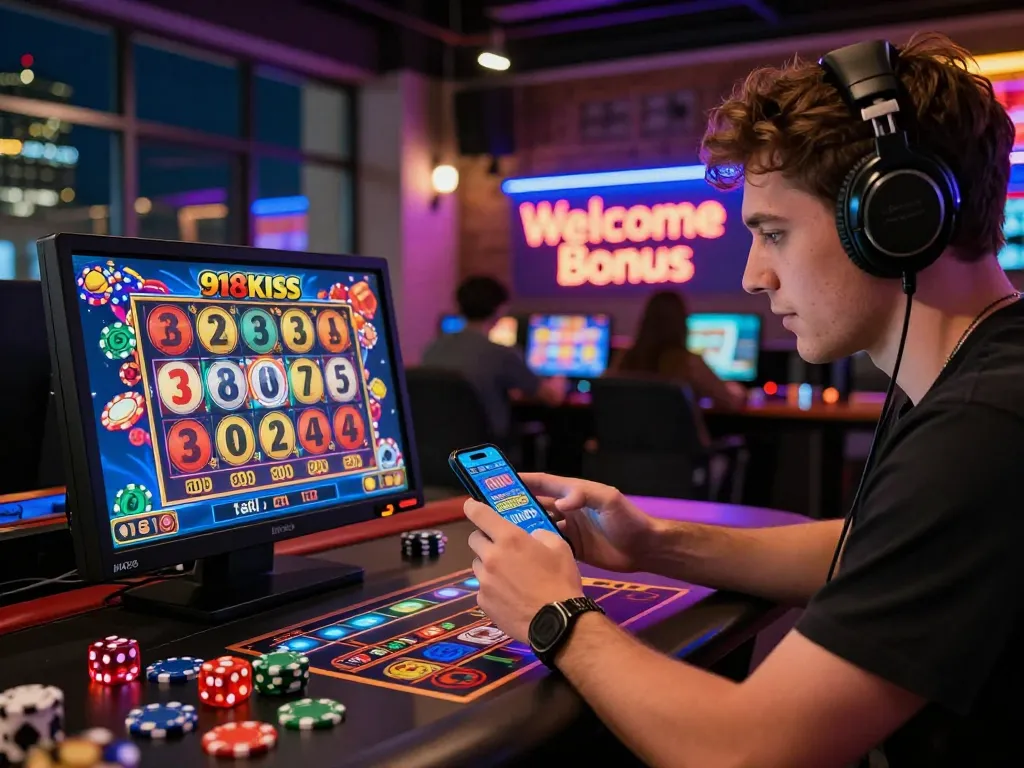Exciting moment of online gaming with free credit 918kiss offers on smartphone, vibrant casino atmosphere.