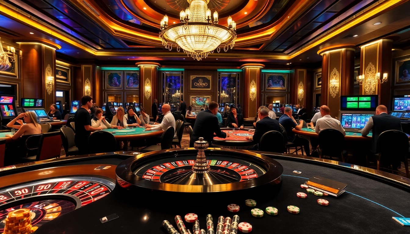 Intense gamblers strategizing at the B52-themed casino table surrounded by poker chips and cards.