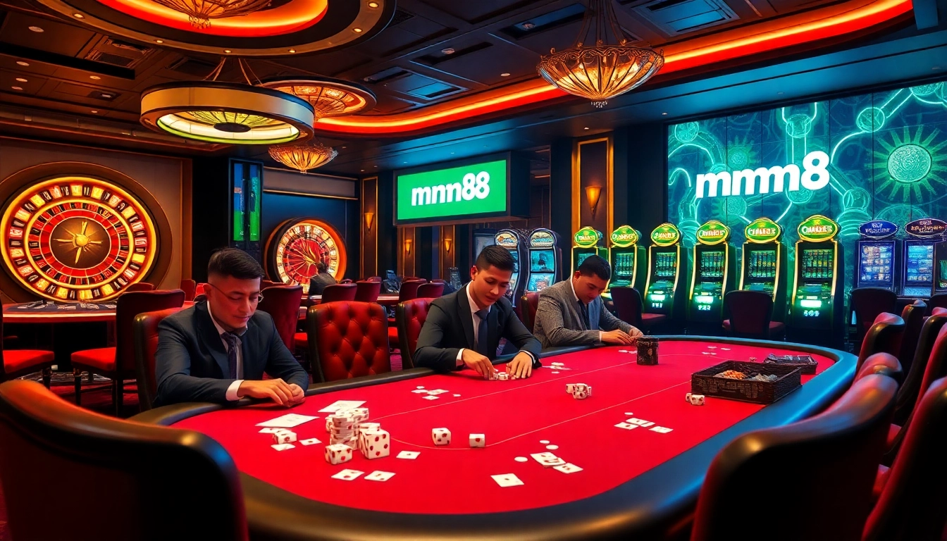 Playing poker at mm88 with professional dealers in a luxurious casino setting.