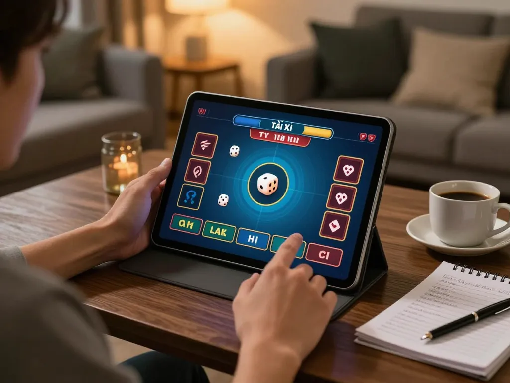 Playing tài xỉu online in a cozy living room with a tablet displaying game action and strategies
