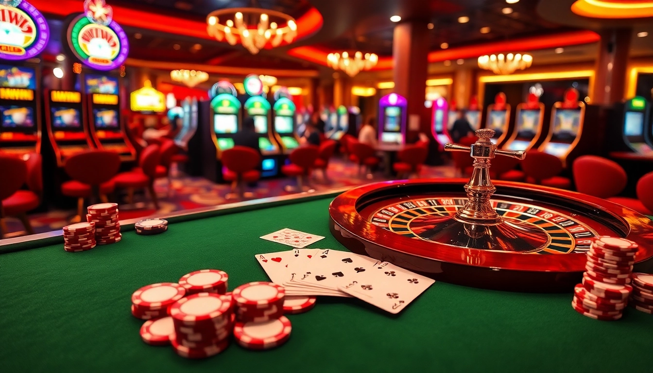 Engage in thrilling gameplay at IWIN within a vibrant casino scene filled with roulette, cards, and chips.