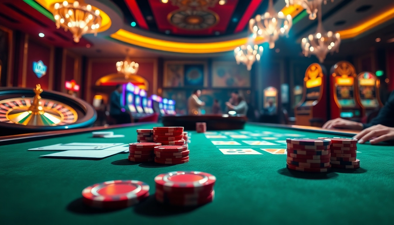 A luxurious casino scene featuring poker games and slot machines at trang chủ nohu90, showcasing excitement and opulence.
