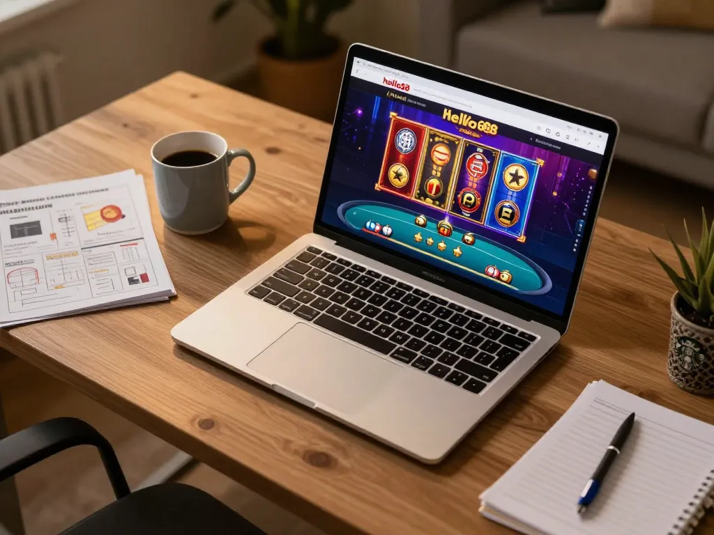 Playing hello88 online casino games on a laptop with strategy notes at a cozy home office.