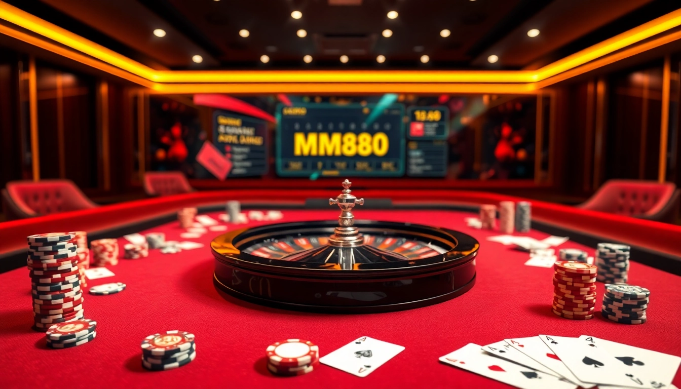 Experience the thrilling atmosphere of online gambling at https://mm88.tokyo/ with elegant casino tables and vibrant gaming interfaces.