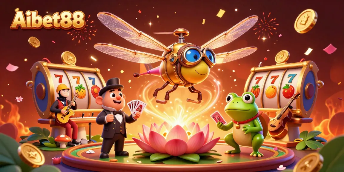 Aibet88 showcases a vibrant 3D casino scene with a dragonfly pilot, frog dealer, and exciting game elements.