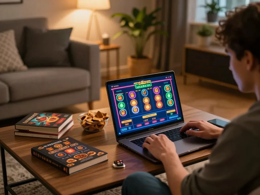 Player immersed in online gambling at open88 com with engaging interface and cozy room atmosphere.