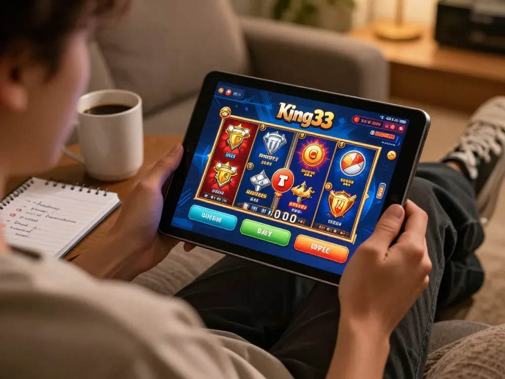 Engaging online gameplay on king33 app with user focused on tablet screen.