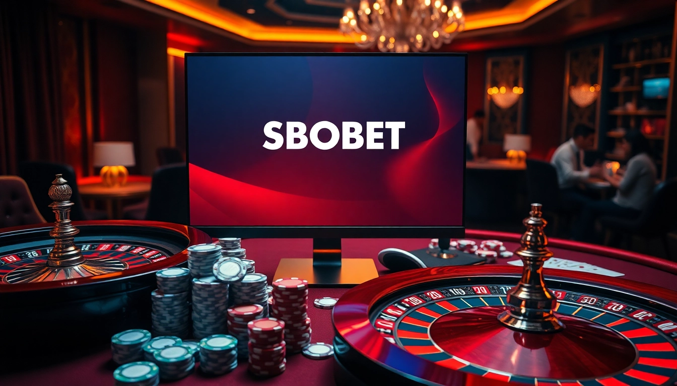 Sbobet interface displayed on a luxurious casino table filled with chips and cards.