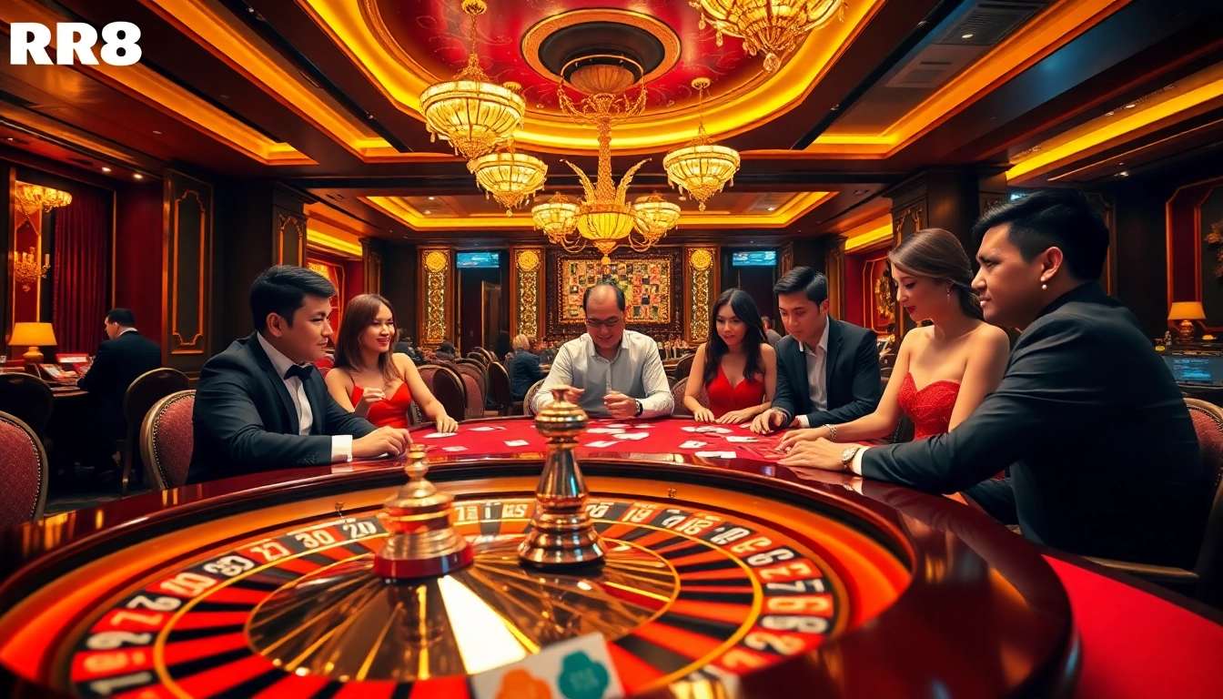 Players enjoying a thrilling game at Nhà Cái RR88's luxurious casino table with vibrant chips and cards.