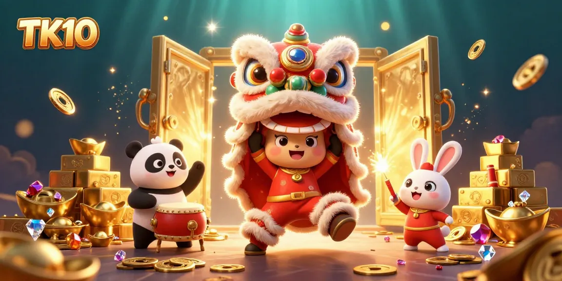 Experience excitement with TK10 through a vibrant, dynamic gambling scene featuring a lion dance and treasure.