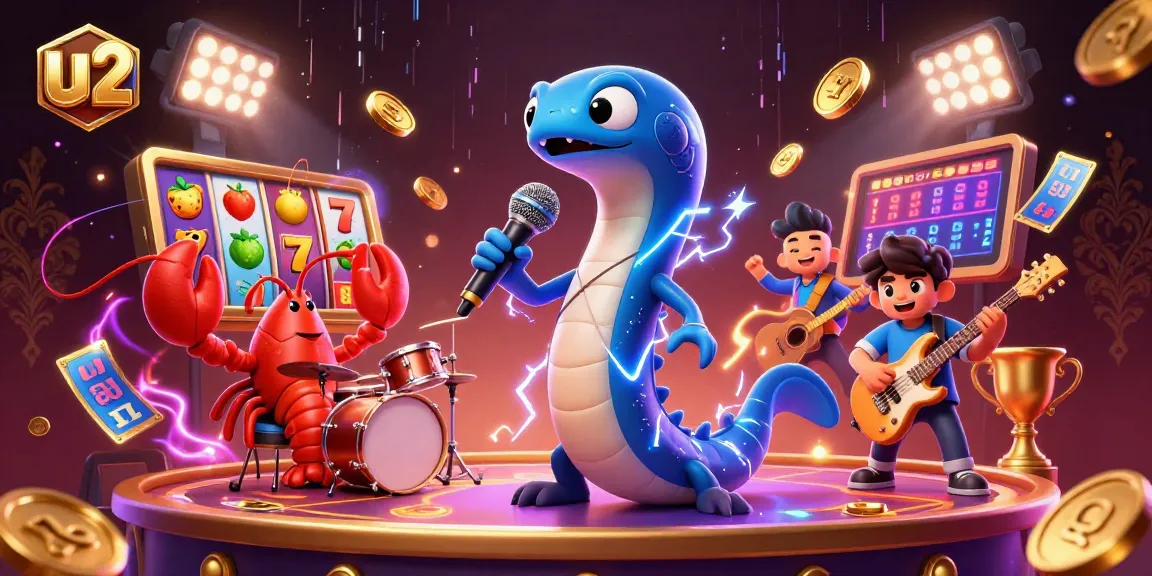 Experience exciting U2 slot games with vibrant themes and dynamic elements in this vivid 3D illustration.