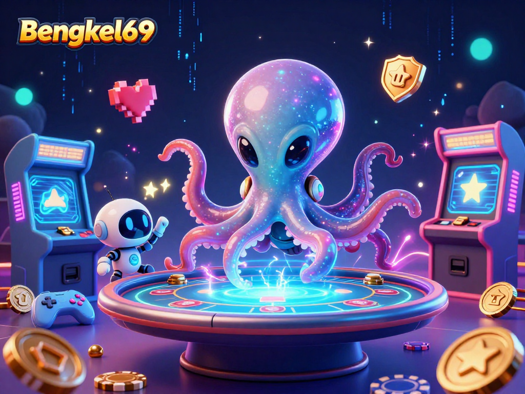 Bengkel69 showcases a lively scene with an alien octopus managing a poker table amid floating game elements.