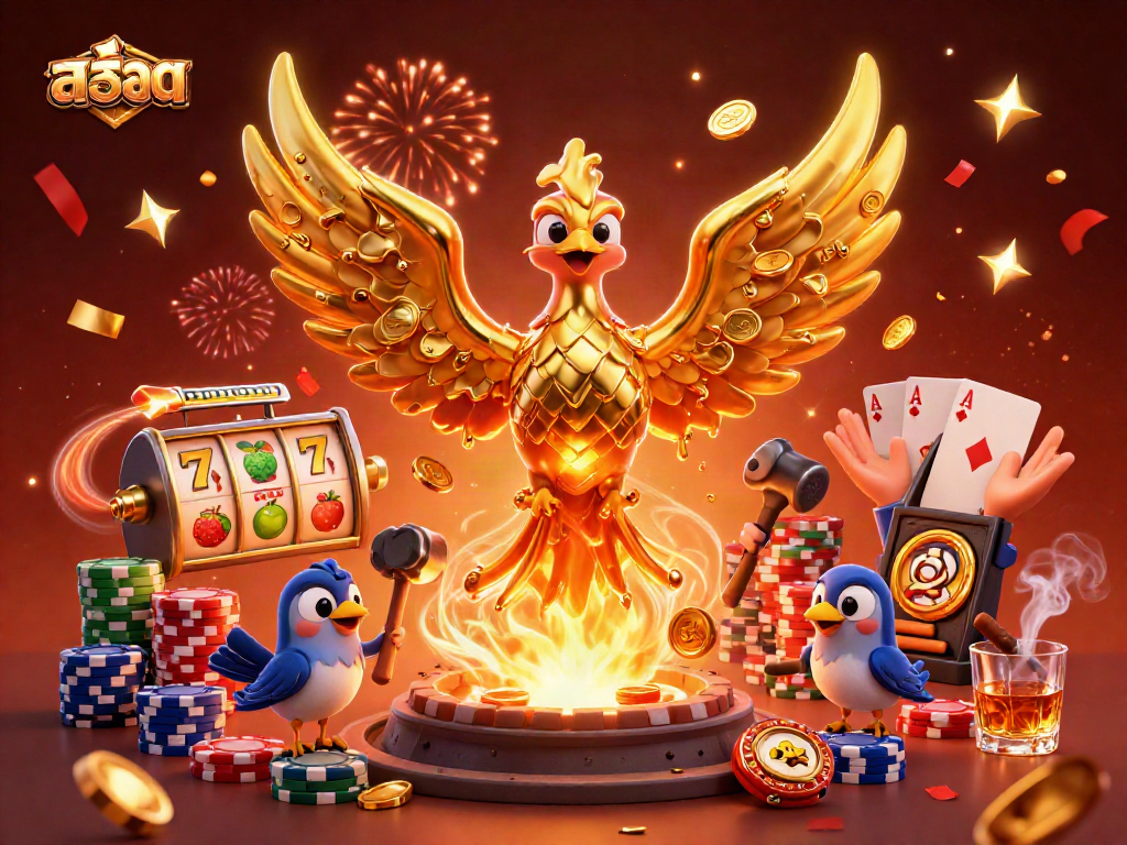 Engage in เกมสล็อต excitement as a golden phoenix emerges surrounded by slot reels and poker chips.