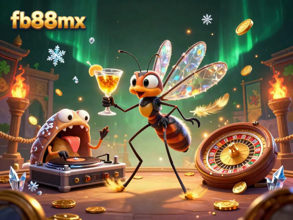 Experience the vibrant energy of fb88mx with a lively casino scene featuring a unique frozen mosquito mascot.