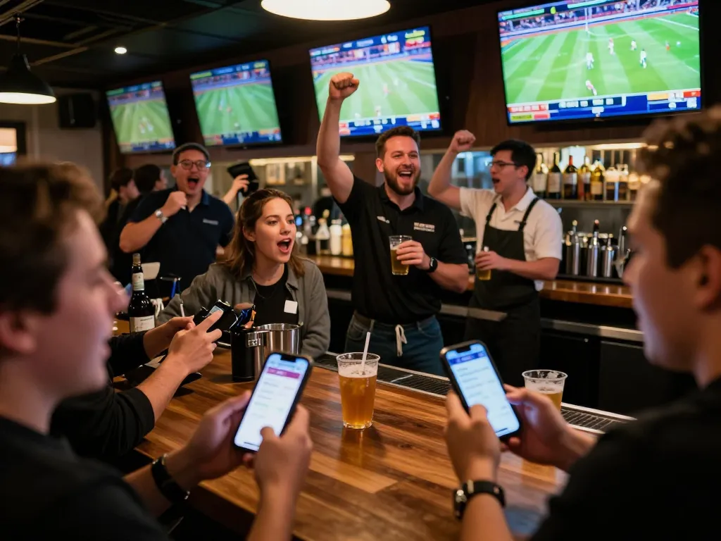Sports fans betting live on open88 com with smartphones, cheering as games unfold in a packed bar.