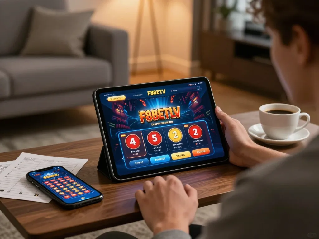 Engaging in F8BETLV online casino gaming on a tablet in a cozy living room