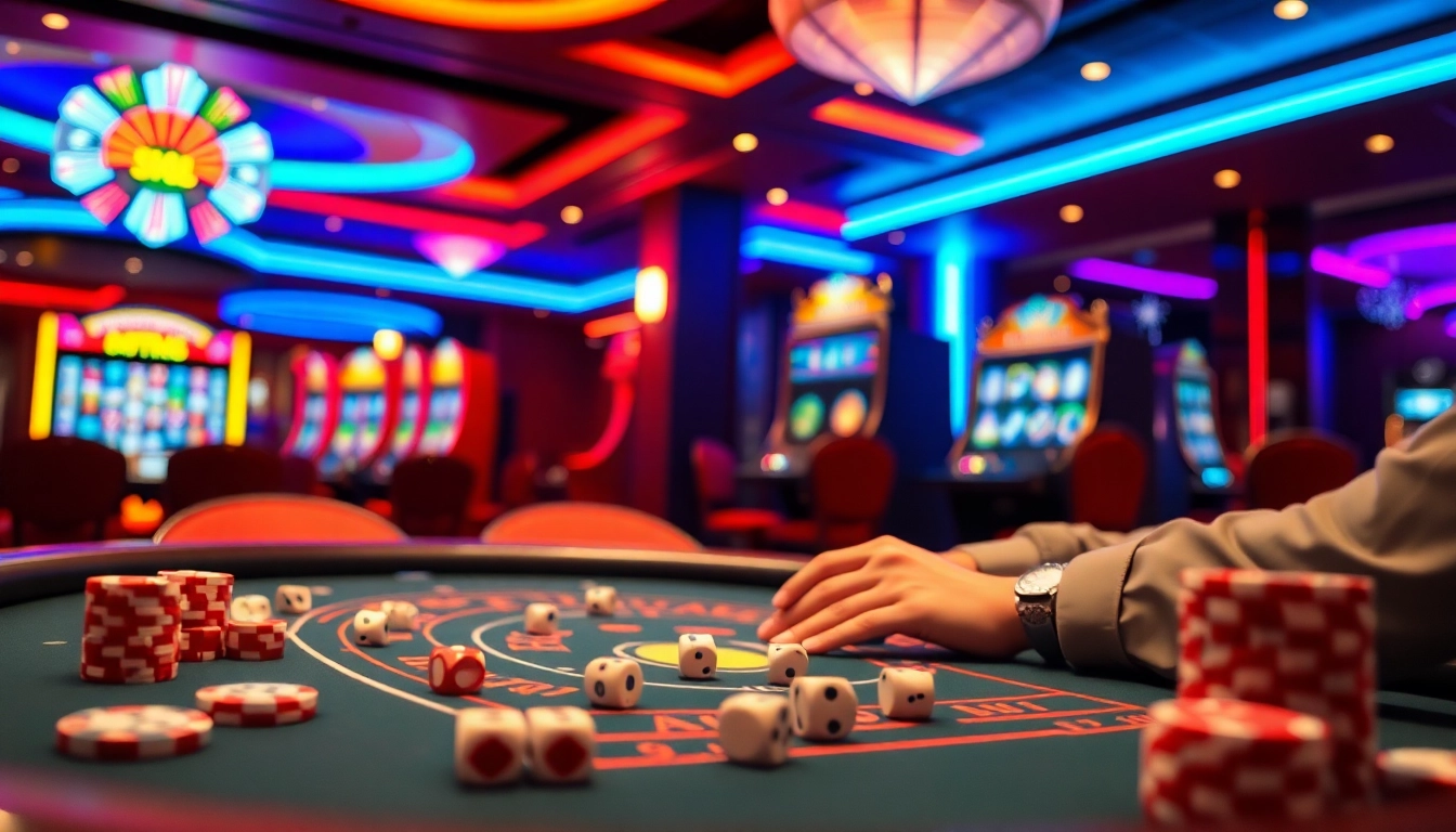 MK8 gambling strategy at an upscale casino table surrounded by vibrant poker chips and dynamic slot machines.