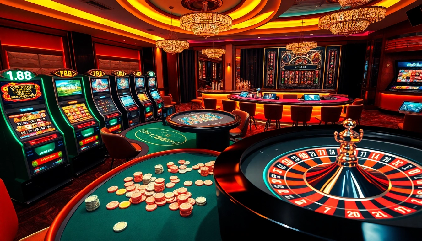 Engaged players at a poker table and diverse slot machines, highlighting the excitement of https://for88.kim/.