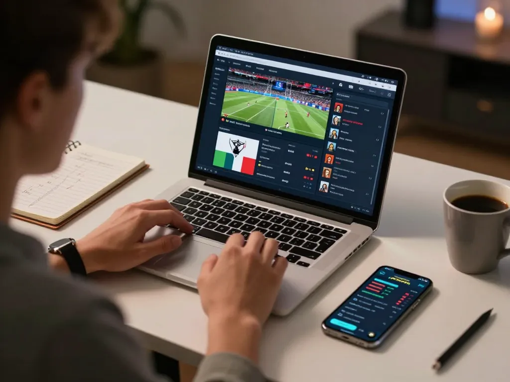 Kebet casino online betting setup with laptop displaying live sports odds and a notebook for strategy notes.