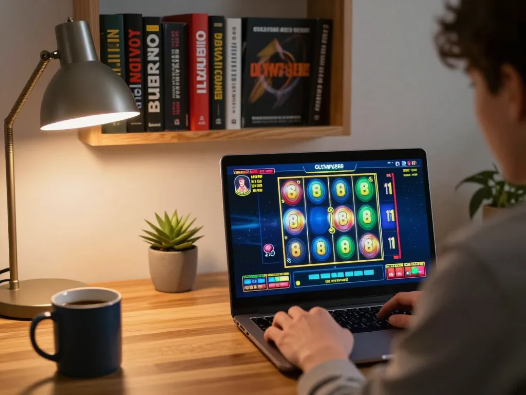 Engaging gameplay on OLYMPUS88 with spinning reels during a cozy home gaming session.