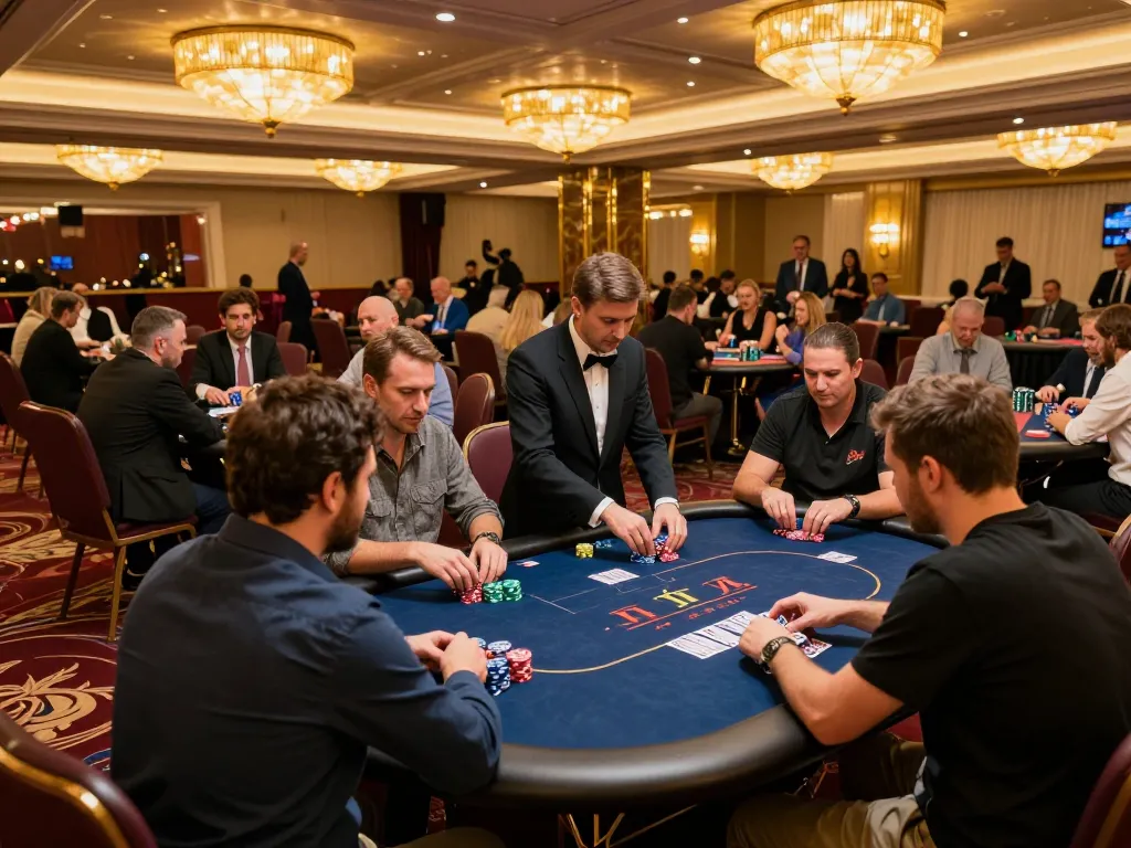 Suasana turnamen poker yang menarik di https://www.gamestoursfestival.com/programme/ menampilkan pemain yang beraksi di tengah dekorasi kasino yang cerah.