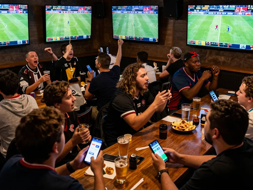 NET88 betting scene with fans celebrating a game, showing smartphones and vibrant atmosphere