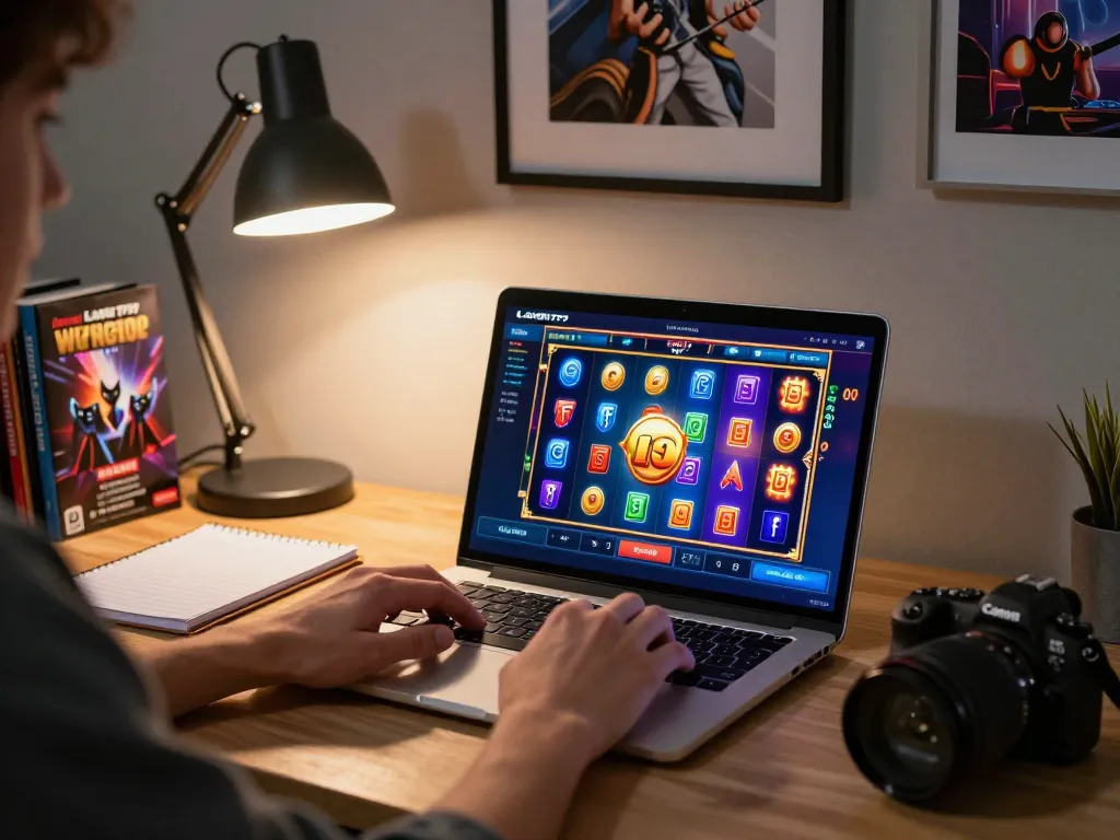 Player explores Langit777 slot games at home, showcasing an engaging online gaming experience.