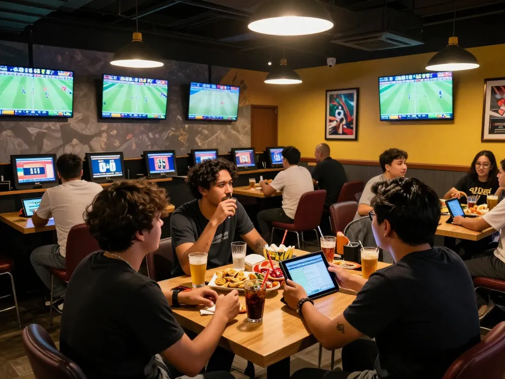 Engaged sports fans reviewing tỷ lệ kèo nhà cái hôm nay in a vibrant betting lounge with multiple screens.