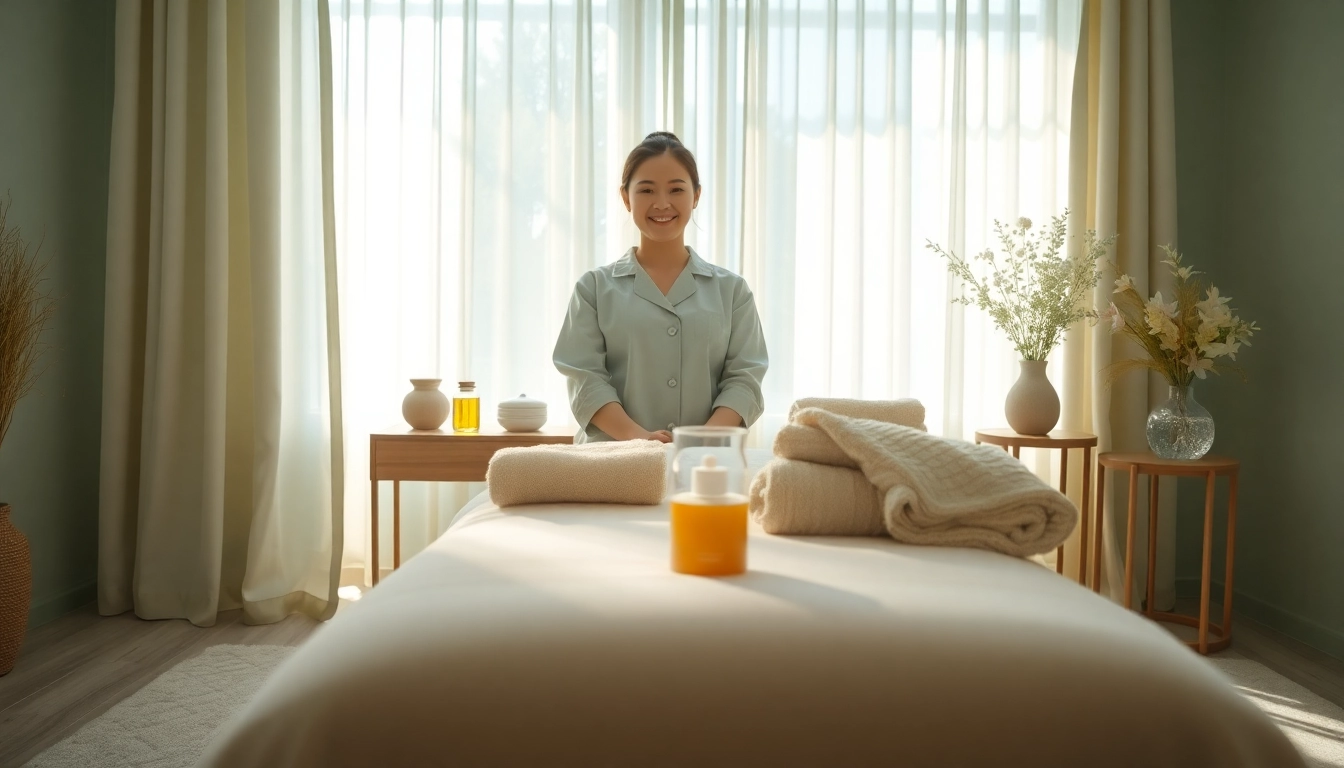Relaxing 평택출장마사지 environment with a friendly therapist preparing for a session.