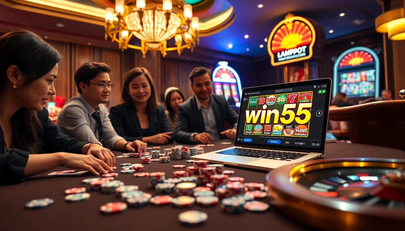 Players enjoying a thrilling game atmosphere with win55 com displayed on screen and casino elements.