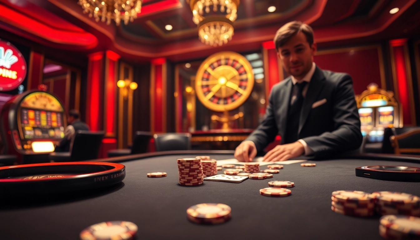 Experience thrilling poker action at https://ww88b.com/, showcasing an elegant casino setting with chips and cards.