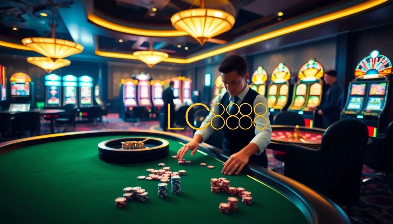 Excited players placing bets at LC88's vibrant gaming tables and colorful slot machines.