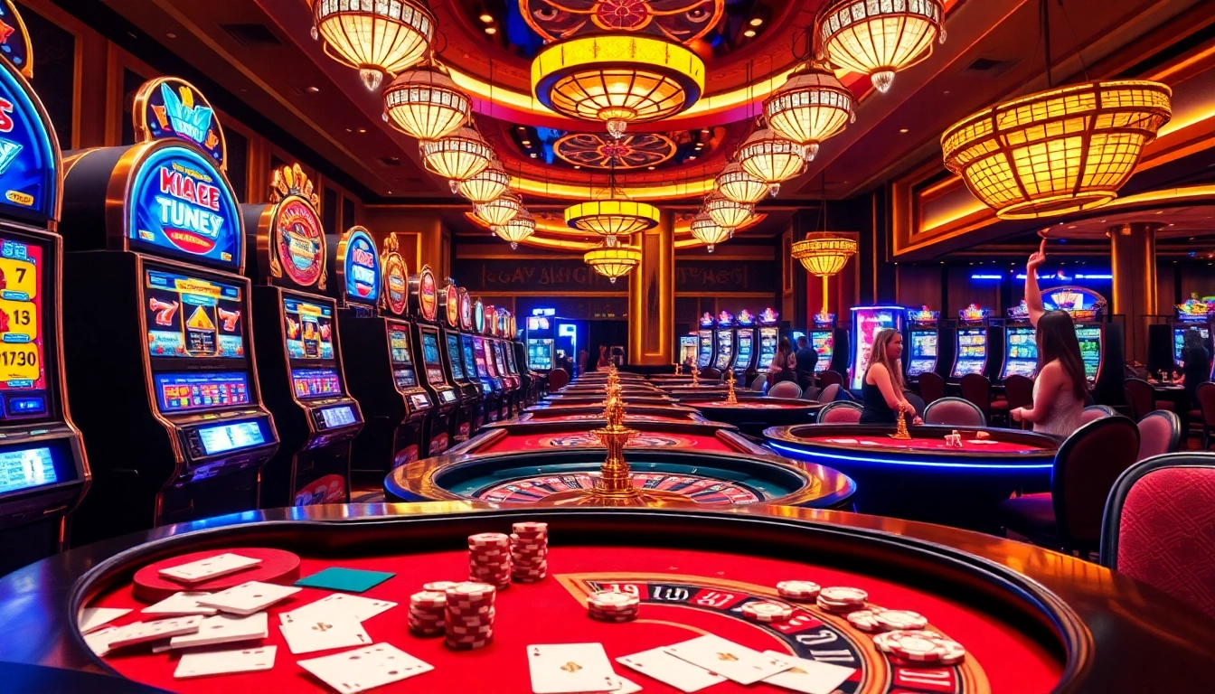 Pemain yang menang di kasino Dewanaga89 dengan mesin slot yang berwarna-warni dan meja poker