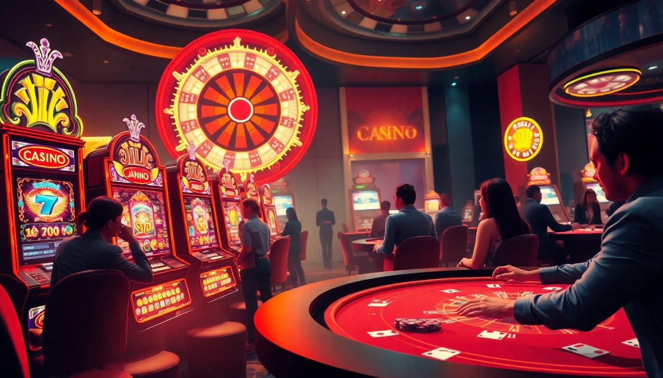 Experience the thrill of JILI slot machines and poker tables in a vibrant online casino setting.