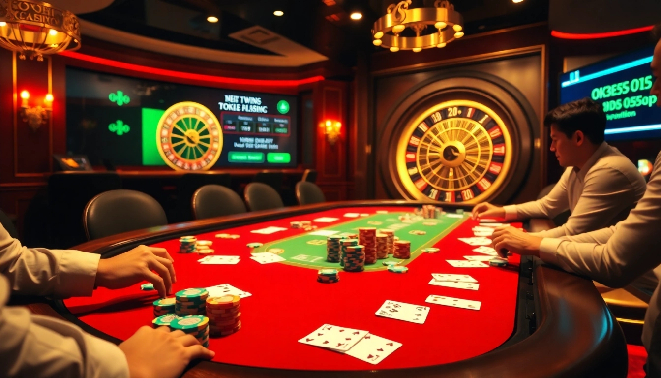 Players enjoying high-stakes poker at a luxurious casino inspired by https://ok365a.biz/ with vibrant colors and rich textures.