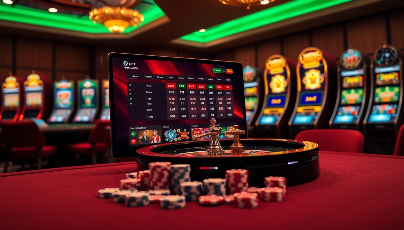 Experience the excitement of Thabet com with dynamic casino visuals featuring roulette wheels and poker chips.