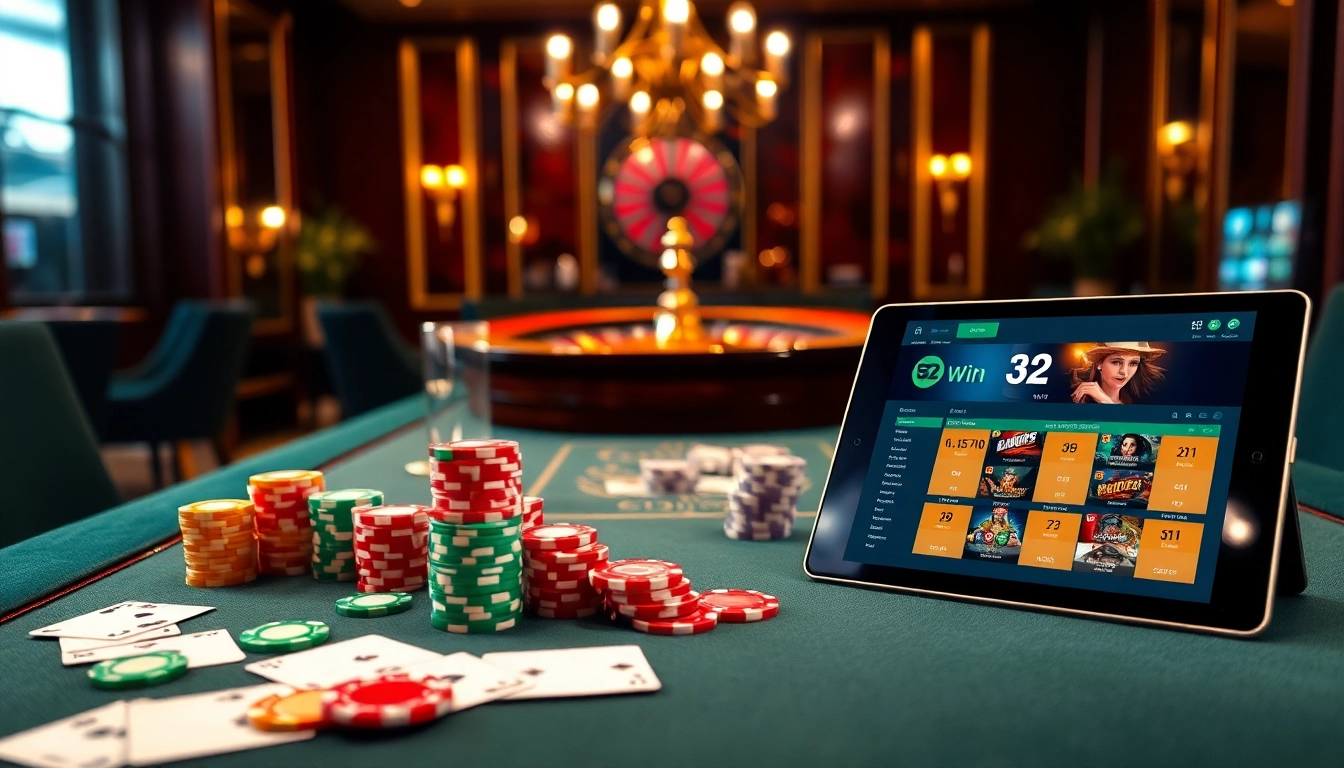 Experience the thrill of 32 win with vibrant casino chips and an elegant roulette wheel.