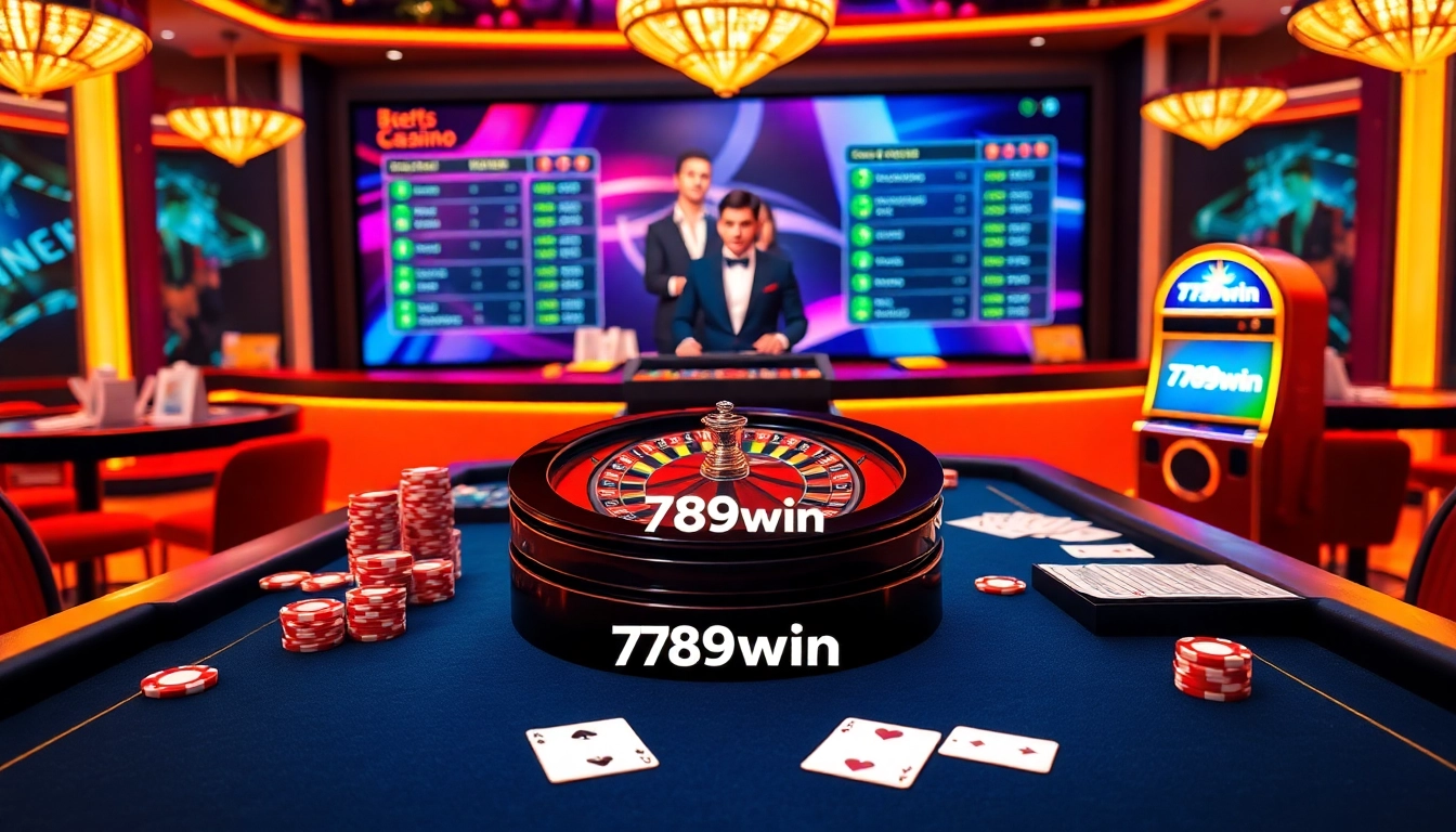 Experience thrilling gaming with 789win, showcasing vibrant casino elements like roulette and poker tables.