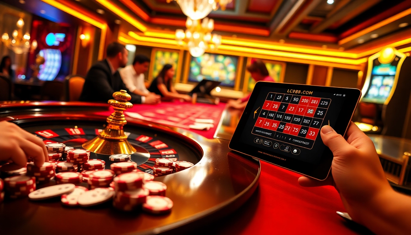Experience excitement at LC88.COM with vibrant poker chips and roulette table in a luxurious casino.