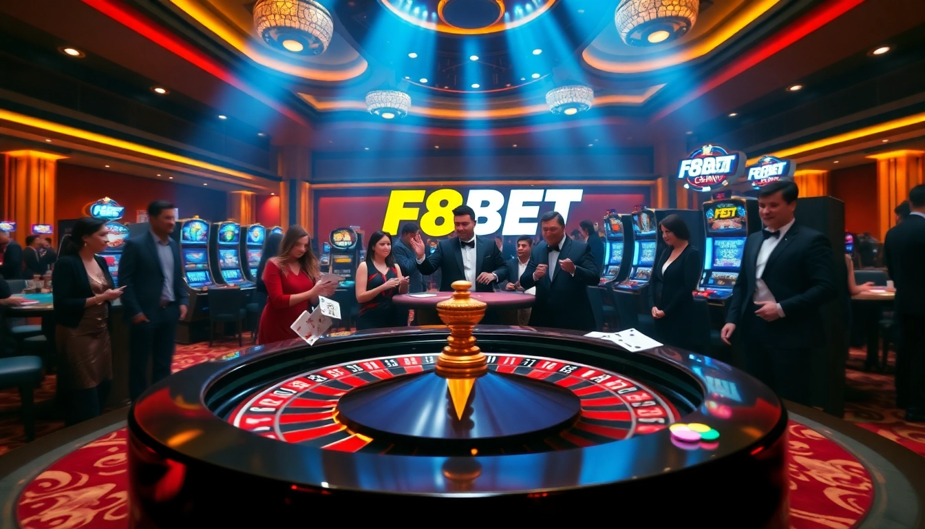 Gamblers enjoying thrilling games at F8BET casino, showcasing poker and roulette excitement.