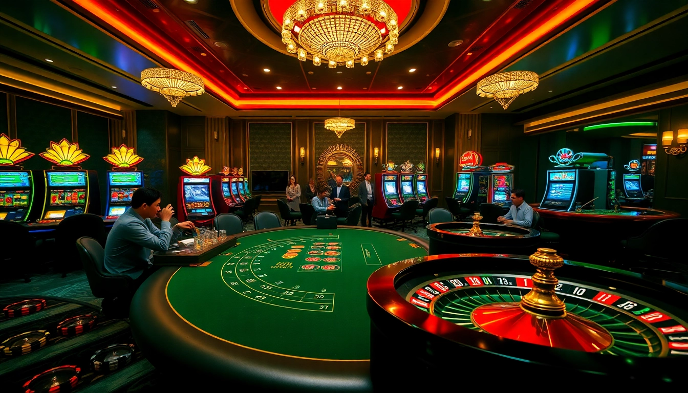 Experience excitement at JBO Vietnam's vibrant casino atmosphere filled with poker and slot machines.