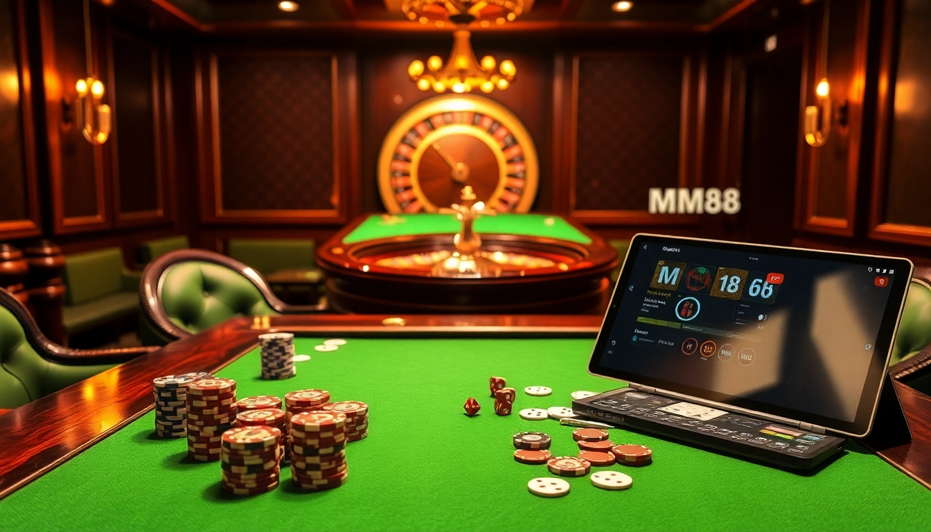 Experience the allure of gambling at https://mm88.how/ with a luxurious casino setting featuring cards and chips.