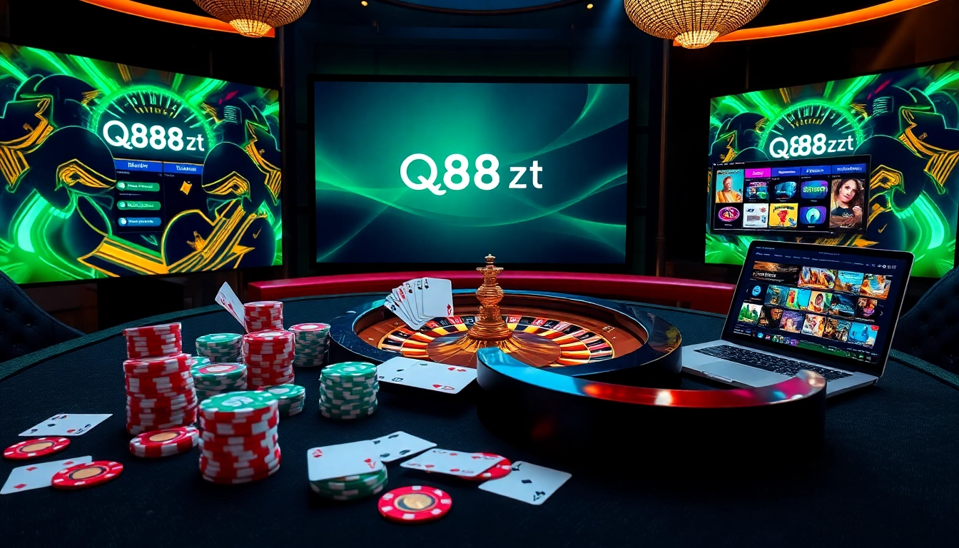 Experience the thrill of QQ88z Net with an exciting casino scene featuring poker chips and roulette wheel.